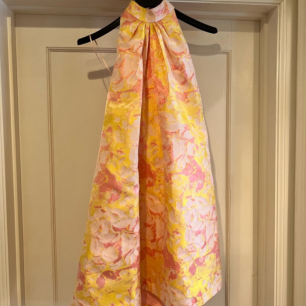 Badgley Mischka Yellow & Pink Floral Halter Mini Dress
